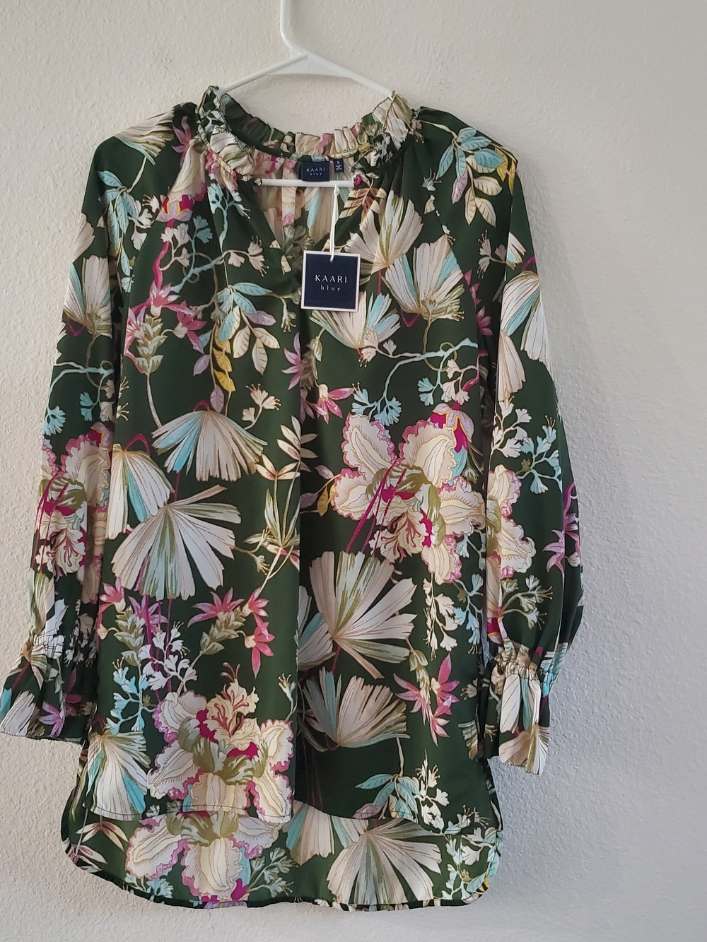 NWT Kaari Blue Dark Green Floral Women's Blouse Size S